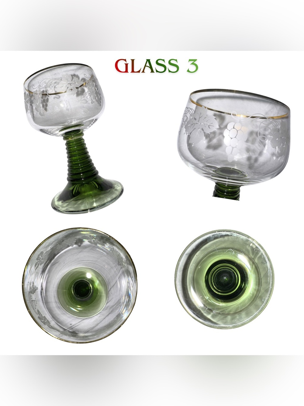 Vintage German Roemer Wine Glasses Set 3 Green Beehive Stem - Picture 5 of 5